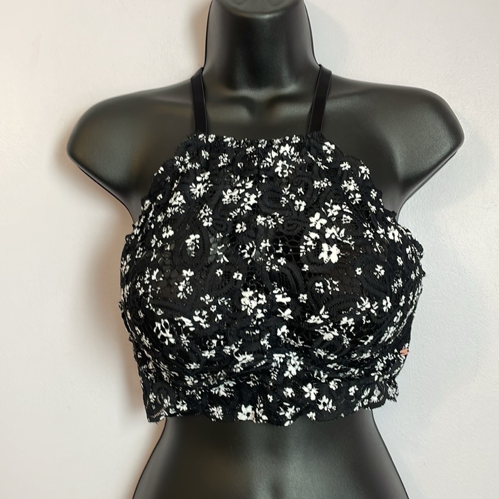 PINK Victoria’s Secret Black White Floral Lace High Neck Push Up Bralette size M